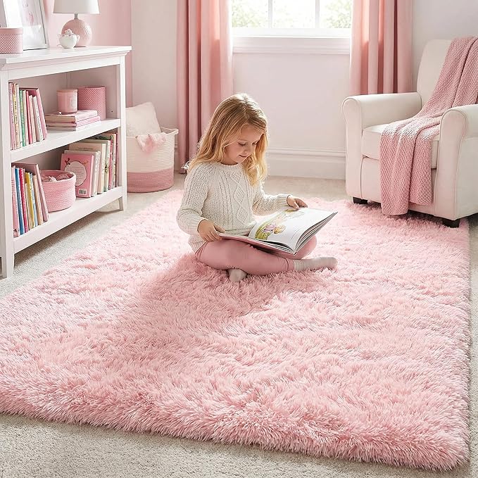 Pink Area Rugs for Bedroom Living Room, 5x8 Aesthetic Room Decor for Teen Girls, Soft Fluffy Cute Rug for Kids Room, Classroom, Fuzzy Shag Kawaii Carpet for Playroom, Baby Nursery, Plush Throw Rug