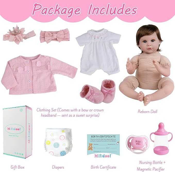 Milidool Reborn Baby Dolls Girl, 22 inch Lifelike Realistic Silicone Baby Girl Doll That Look Real Packaged with Feeding Toy Accessories Set,Gift for Grandma and Kids 3+