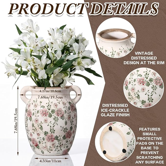LemonRoad Vintage Planter Large Ceramic Plants Pot Beige Chinoiserie Floral Cottage Scroll Vase Flower Pot Indoor Home Farmhouse Kitchen Antique Decorative Gifts(Red Plum Blossom,7.7 Inch)