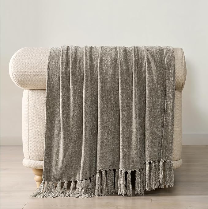 Chenille Knit Throw Blanket for Couch, 60"x80", Taupe | Cozy Plush Fuzzy Knittd Throw with Tassels, Lightweight, Decorative, Farmhouse Decor, Ideal for Bed Sofa Gift, All Seasons