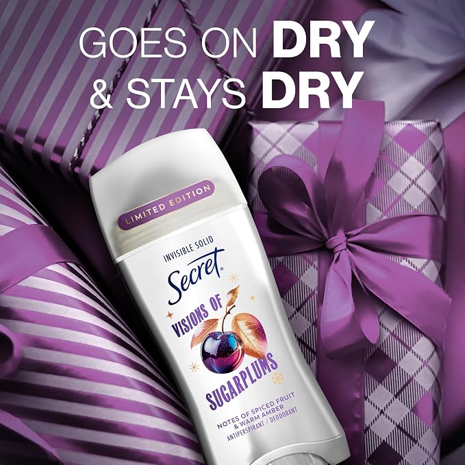 Secret Fresh Antiperspirant Deodorant for Women, 72hr Breathable Odor Protection with Pro-Hyaluronic Acid, Holiday Invisible Solid, Visions of Sugarplums with Spiced Fruit & Warm Amber Scent, 2.6 oz
