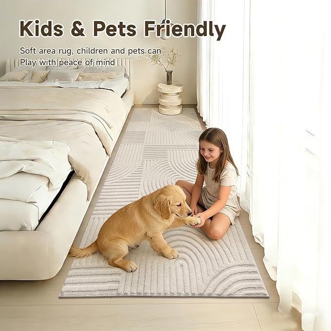 Pauwer 3x8 Area Rugs for Living Room, Modern Non Slip Washable Rug, Beige | Arch Pattern, Soft Fluffy, Neutral, Boho Accent, Solid Color Floor Carpet, For Kids Room Dining Room Nursery Entryway