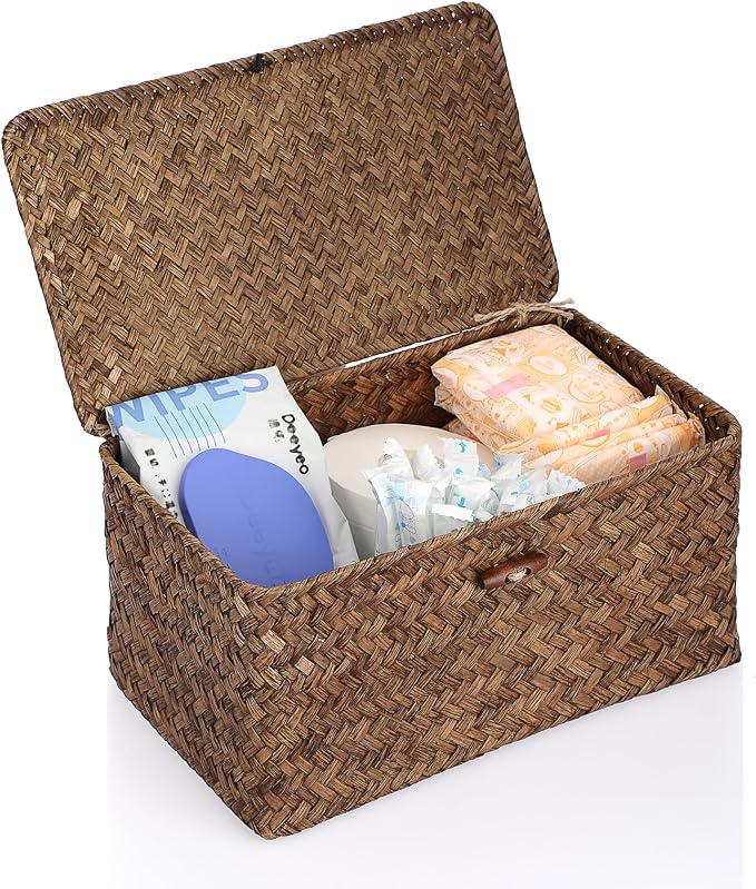 Sumnacon Wicker Basket with Lid Rectangle Woven Baskets for Toiletries Tampon Storage,Wicker Storage Basket with Lid,Decorative Seagrass Storage Baskets for Shelf Bathroom Toilet Table, Coffee