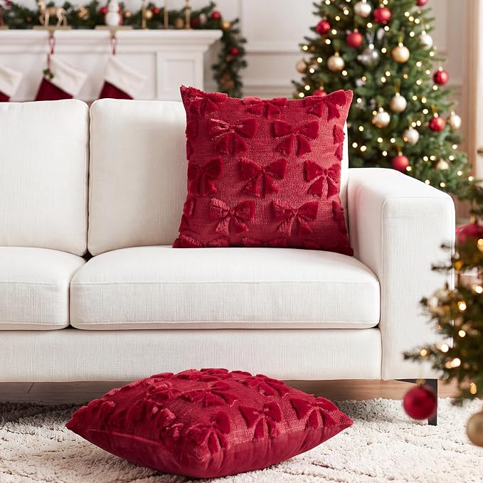 Mixweer Burgundy Bow Pillow Covers Set of 2 Preppy Room Decor Coquette Cute Spring Summer Decorative Faux Fur Soft Bowknot Stuff Fluffy Plush Aesthetic Pillowcase for Bed Sofa Couch (18 x 18 Inch)