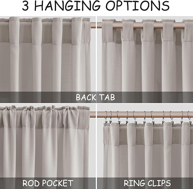 Stone Grey Linen Curtains 108 Inches Long for Living Room Simple Modern Light Filtering Semi Sheer Curtain Back Tab Rod Pocket Neutral Luxury Floor to Ceiling High Window for Bedroom 52x108, 2 Panels