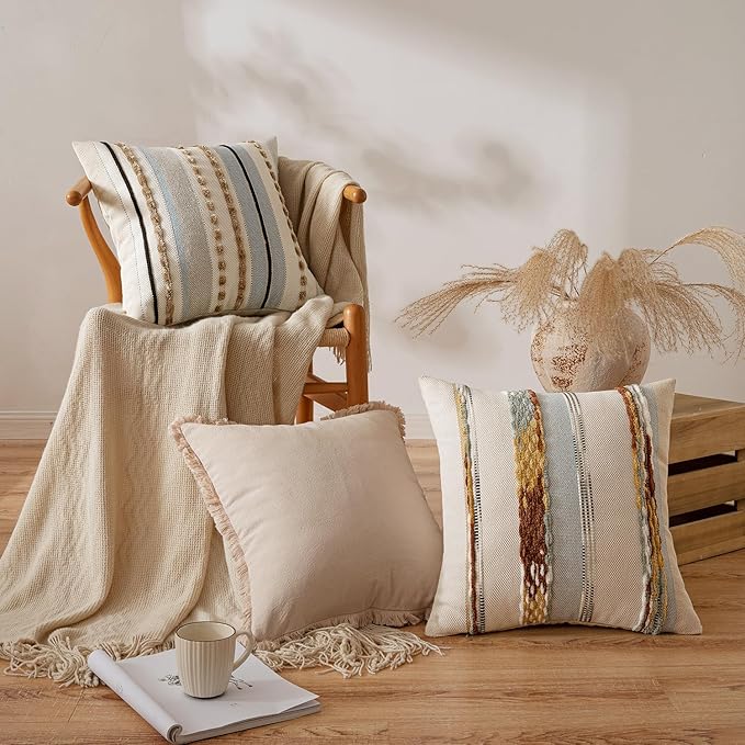 ANRODUO Boho Decorative Pillow Covers 26x26 Blue-Earth Tones Pack of 2 | Throw Pillow Covers, Farmhouse Cushion Case, Chenille Pillow Cases, Pillow Covers, Neutral Pillowcase for Sofa Couch Bed