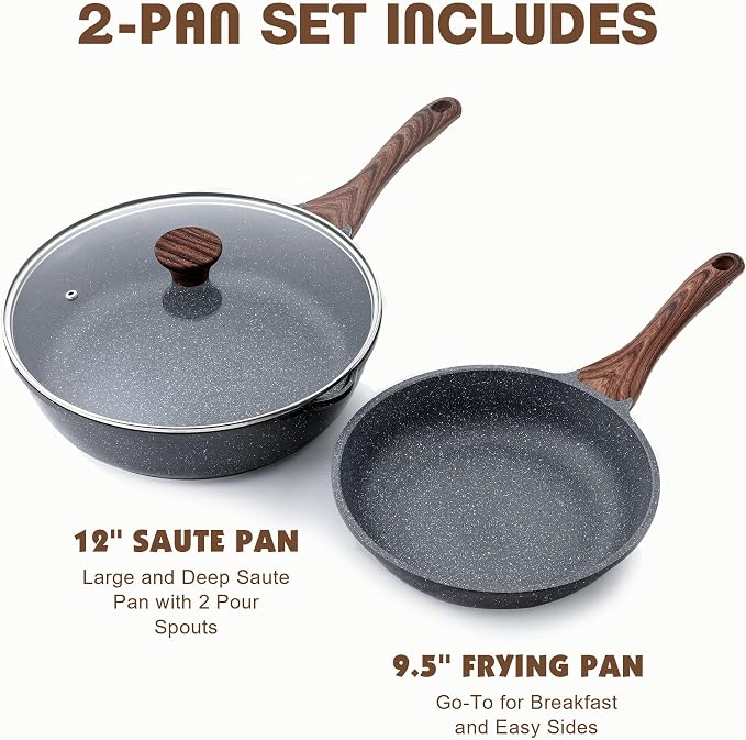 SENSARTE Nonstick Frying Pans, Grey(9.5 Inch Frying Pan and 5QT Saute Pan) | Swiss Granite Coating, Free of PFOA&PFOS, Compatible with All Stoves Including Induction Cooktops, Easy to Clean