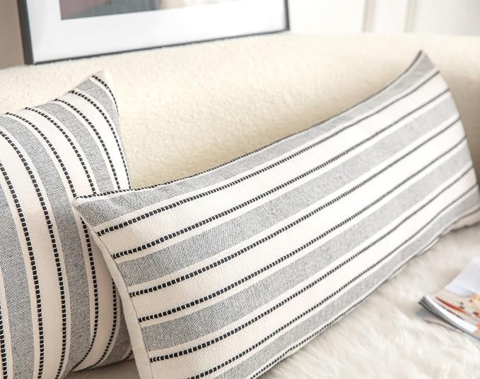 Cethom Decorative Boho Lumbar Pillow Covers, Modern Farmhouse Couch Pillowcase, 14 x 36 Long Accent Body Throw Pillow Covers, Sofa Bed Living Room Decor Cushion Case, Black and Beige, Pack of 1