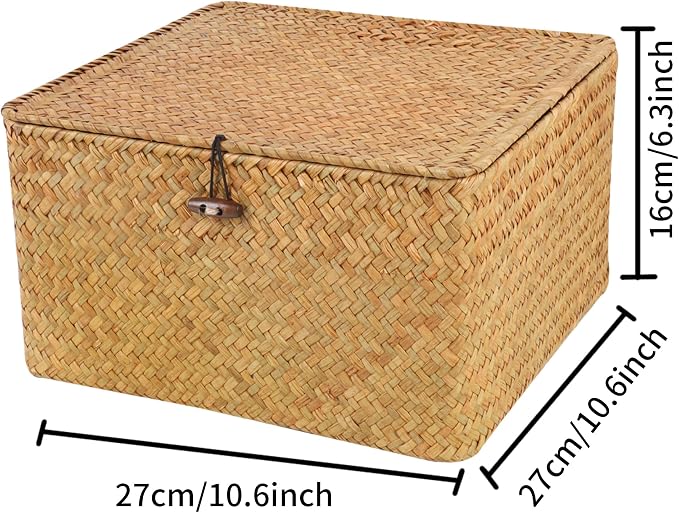 Moosky Wicker Shelf Baskets with Lid, Handwoven Seagrass Storage Basket Bins Square Gift Boxes for Shelves Home Decor Organizer (Natural, Large)