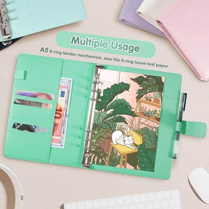WITHYU A5 Card Collector with 30 Pack 4-Pocket Pages, 6 Ring Binder Album with 240 Card Slots, PU Leather Binder Cover with Magnetic Buckle Closure (Green)
