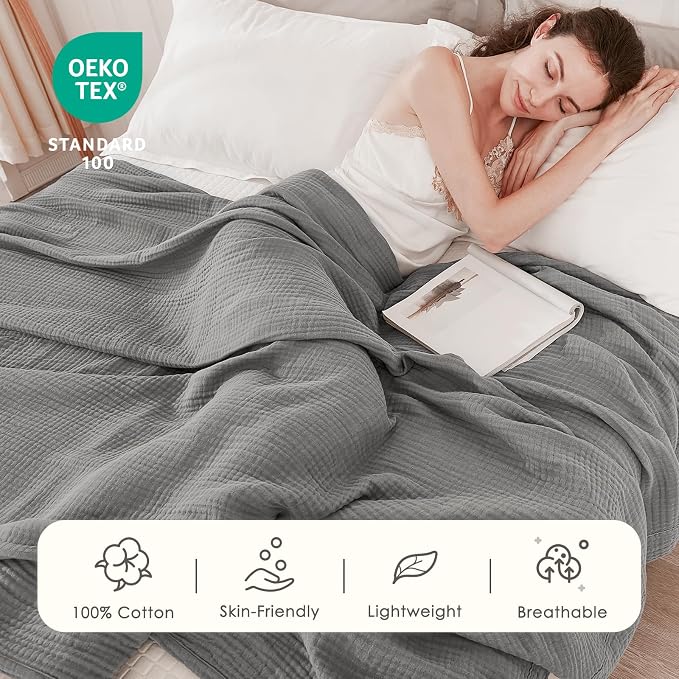 EMME Cotton Blanket Twin XL for Bed Soft Muslin Blankets 66"x90" Lightweight Breathable Layering Bedspread Coverlet All Season Gauze, Grey