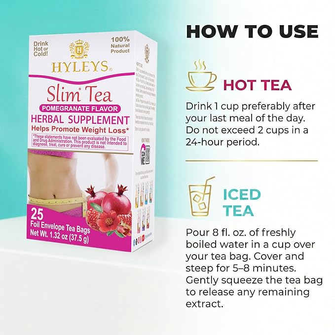 Hyleys Slim Tea Pomegranate Flavor - Weight Loss Herbal Supplement Cleanse and Detox - 25 Tea Bags (6 Pack)