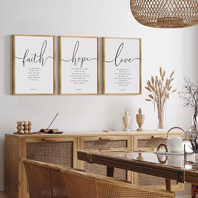Houmury 3PCS Framed Faith Hope Love Bible Verses Wall Art Farmhouse Religious Quotes Wall Decor Inspirational Wall Art (Brown, 16"x24")