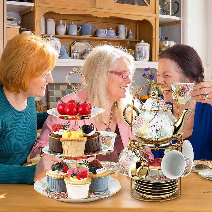 Maxcheck 21 Pcs Porcelain Tea Set for Women Tea Party with Metal Holder and 3 Tier Cake Stand Ceramic European Floral Teapot Set for Adults Mother's Day Christmas Thoughtful Gift(Elegant Style)