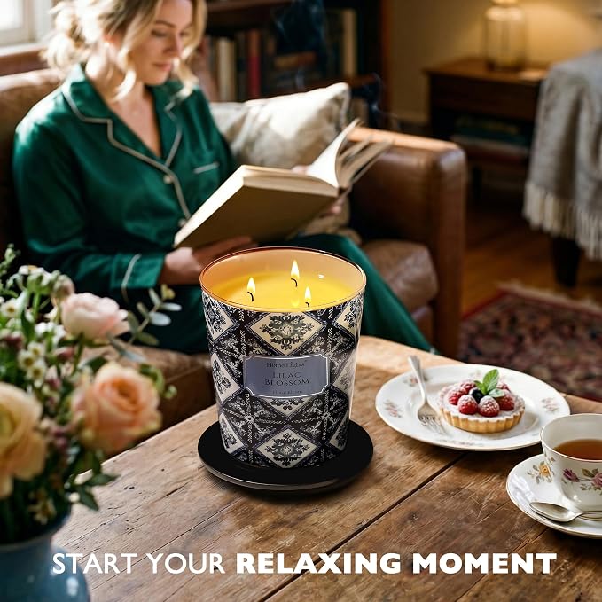 HomeLights Lilac Blossom Scented Candles | 34oz Soy Candles Bohemian Natural Textures 3-Wick Large Candle Jars | Ideal Candle Gifts for Events, Home Decor Stress, Relief & Relaxation