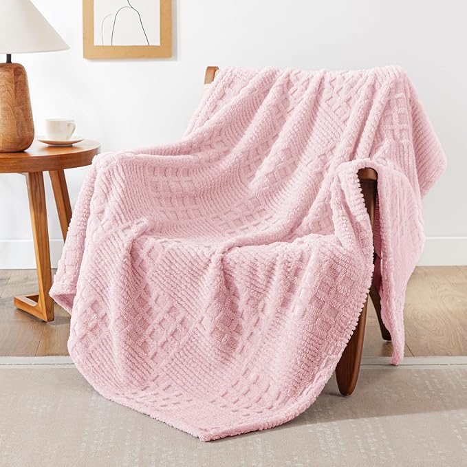 EXQ Home Fleece Throw Blanket for Couch or Bed - 3D Waffle Patchwork Pattern Jacquard Decorative Blankets - Cozy Soft Fuzzy Flannel Blanket Suitable for All Seasons(50"×60",Pink)