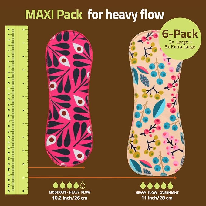 Wingless Reusable Period with Adhesive Sticker for Heavy Flow & Incontinence (L+XL, 6-Pack) – High-Temp Washable Cloth for Women – Stay-Put & Comfortable Reusable Sanitary Napkins