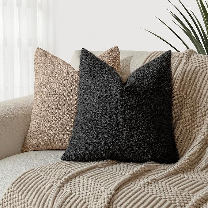 Foindtower Set of 2, Decorative Textured Boucle Throw Pillow Covers Accent Solid Pillow Cases Neutral Soft Couch Cushion Case for Chair Sofa Bedroom Living Room Home Decor 24 x 24 Inch Black