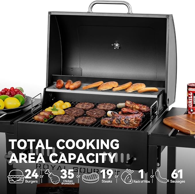 Royal Gourmet CD1824ET Movable Charcoal BBQ Grill with Foldable Side Tables | 24-Inch Outdoor Barbecue Grill with 461 Sq. In., Temperature-Controlled, for Outdoor Picnic and Camping Grilling, Black