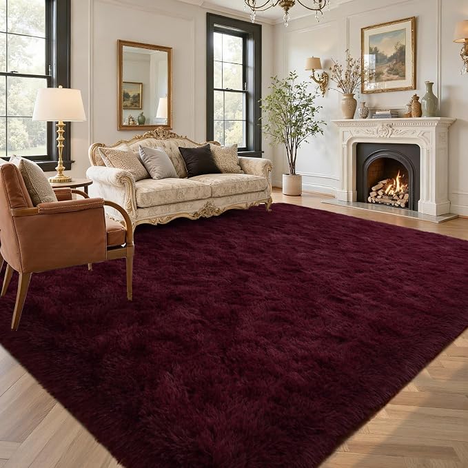 9x12 Area Rugs for Living Room Red Shag Fur Rug,Modern Non-Slip Soft Plush Carpets for Girls Woman Female Wedding Bedroom Home Décor Aesthetic Dark