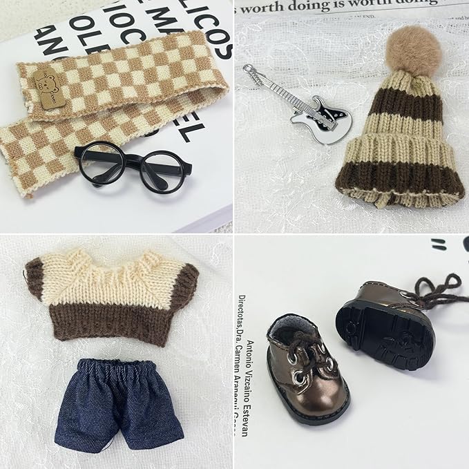 17cm Doll Clothes 7 PCs Accessories Outfits Brown Sweater Shoes Glasses Scarf Pants Knitted Beanie Guitar Clip Clothing Set for Keychain,No Doll(Guitar)