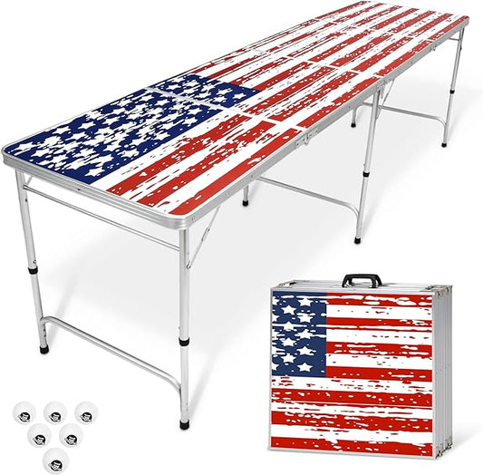 GoPong 8 Foot Portable Beer Pong/Tailgate Tables (Black, Football, American Flag, or Custom Dry Erase)