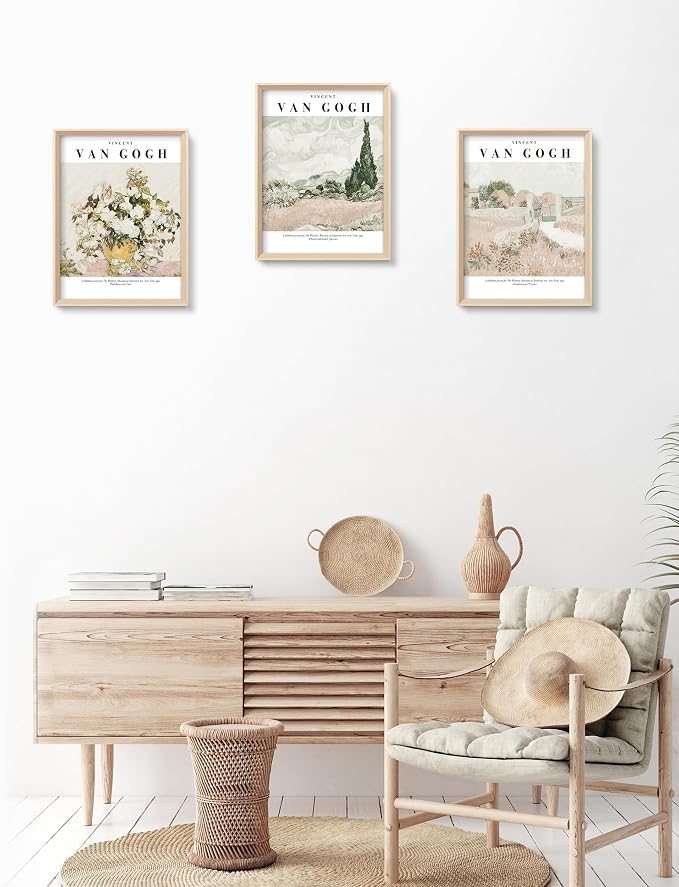 HesenDot Van Gogh Framed Wall Art, Neutral Canvas Prints Set of 3 | 12x16IN High Framed Design Prints, Floral Landscape Artwork, Vintage Wall Decor for Living Room Bedroom Gallery Office
