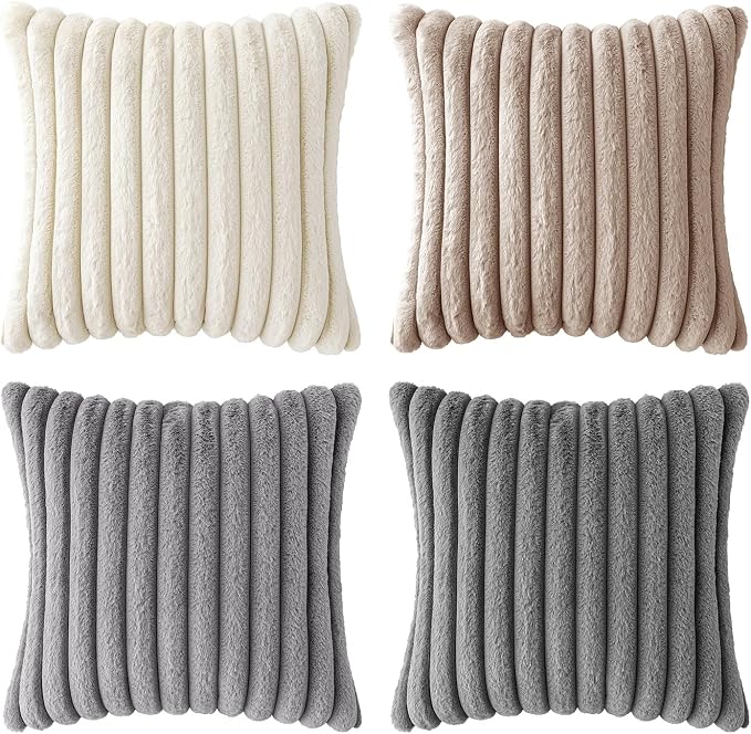 MIULEE Faux Fur Plush Decorative Throw Pillow Covers 18x18, Grey Taupe | Set of 4, Striped, Soft Boho Farmhouse, Rustic Home Decor, Cushion Cases for Sofa Couch Bed Living Room