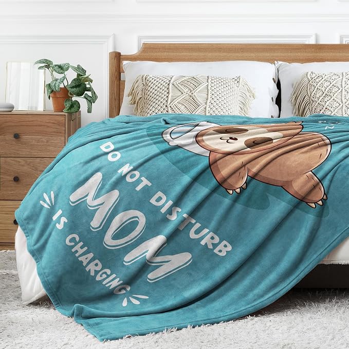 Leebbsin Funny Gifts for Mom, Birthday Gifts for Mom from Daughter Son | Mom is Charging Sloth Blanket, 60" x 50", Cyan, Mom Gift for Christmas Mothers Day, Soft Sloth Throws Blanket for Mother