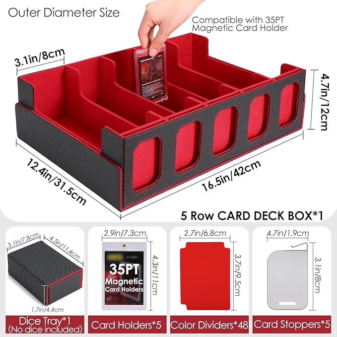 Trading Card Storage Box with Commander Display, 5-Row Deck Case with Removable Lid, 4000+ MTG Deck Box with 48 Colorful Divider, 5 Magnetic Card Holders, 5 Stoppers, Dice Tray(Black Red)
