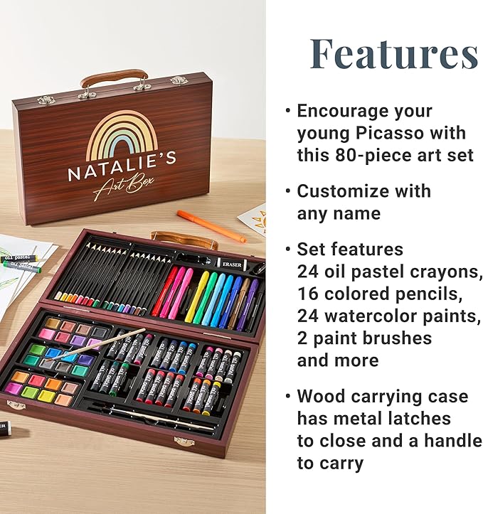 Let's Make Memories Personalized 80-Piece Deluxe Art Set - for Kids - Wood Carrying Case - Oil Crayons, Colored Pencils, Watercolors - Arts & Crafts - Palette Design - Add Name - Colorful Rainbows