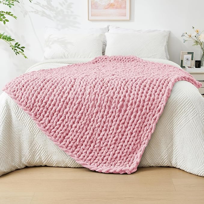 Bigacogo Chunky Knit Throw Blanket for Couch, 40x60 inches, Blush Pink | Hand Knit with Jumbo Chenille, Soft Breathable Cable Knit for Sofa Bed Living Room, Machine Washable, Gift for Mom Friend