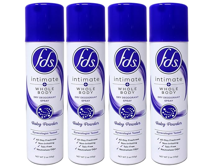 FDS Intimate + Whole Body Dry Deodorant Spray, Baby Powder, 2 OZ - 4 Pack