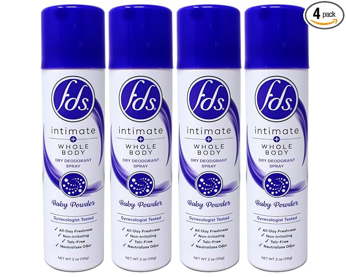 FDS Intimate + Whole Body Dry Deodorant Spray, Baby Powder, 2 OZ - 4 Pack
