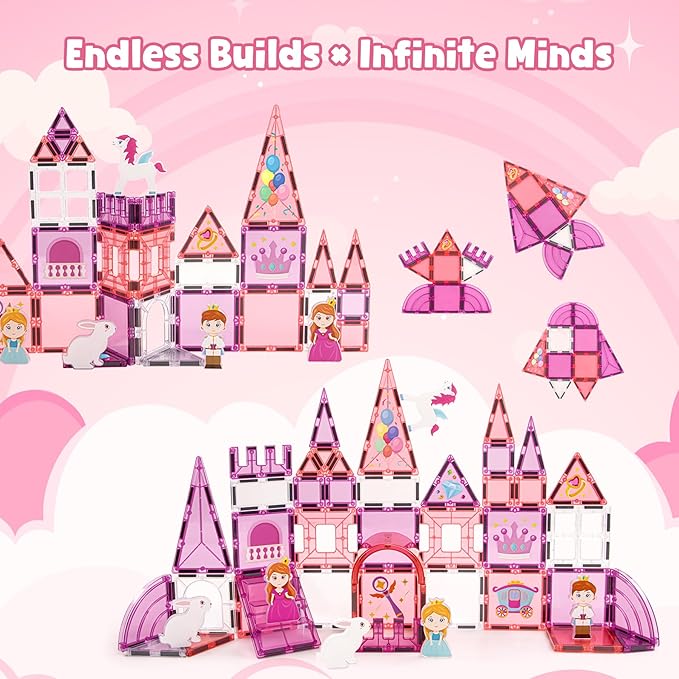 Magnetic Tiles (58PCS), Pegasus Castle STEM Building Set with Princess and Prince, Educational Toys Gift for Girls Ages 3+