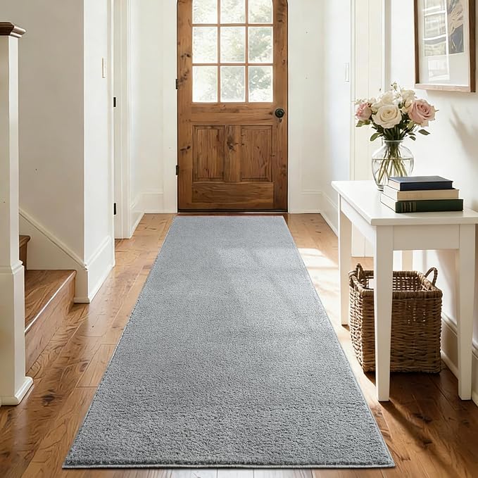 FinRèc 2x6 Washable Runner Rugs for Kitchen Hallway Bedroom, Low Pile Thin Rug Solid Color, Non-Slip Carpet Indoor for Home Decor (Pure Light Grey)