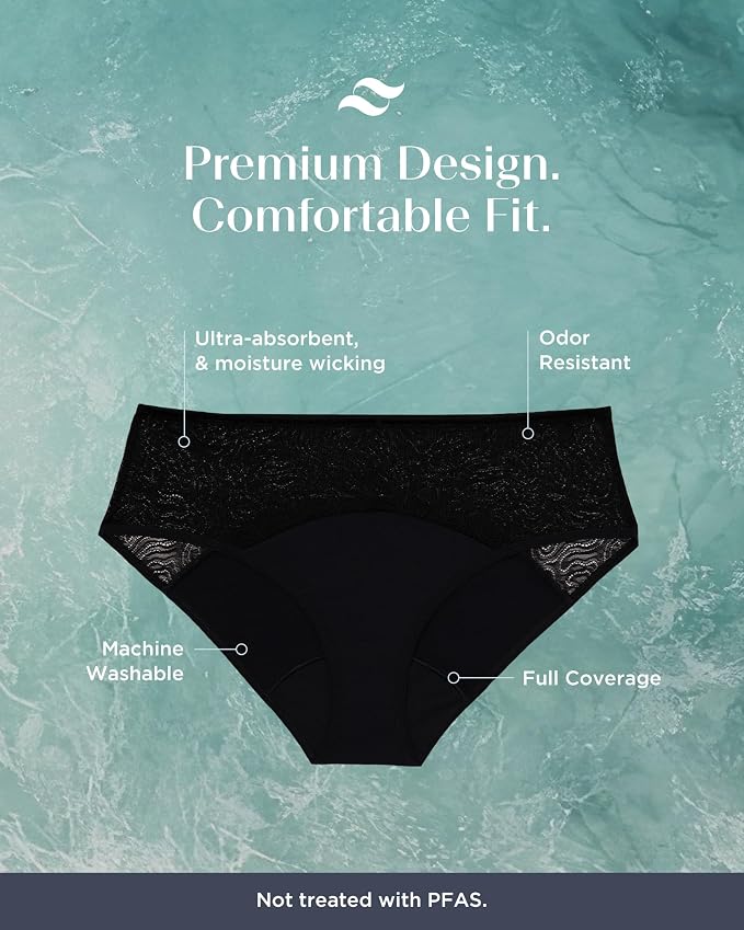 saalt Lace Hipster Period Underwear | Mid-Rise Leak Proof Underwear for Women, Soft-Stretch European Lace