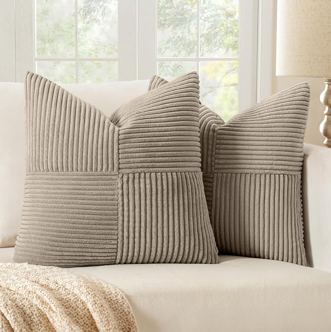 MIULEE Taupe Decorative Throw Pillow Covers for Couch 18x18 Inch | 2 Pack, Boho Farmhouse Pillow Covers, Soft Cross Corduroy Patchwork Textured Cushion Cases For Bed Sofa