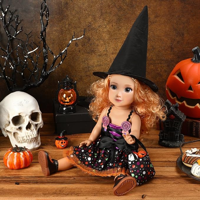JANYUN 18 Inch Doll Clothes Accessories, Halloween Witch Costume Candy Corn Suit Set with Witch Hat Candy Bag for Doll Halloween Costumes Gifts for Children