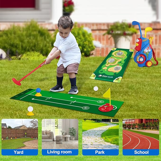 Toddler Golf Set for Boys Girls 2 3 4 5 Years Old, Upgraded Kids Golf Cart with Putting Mat & Cornhole Board, Outdoor Indoor Sports Toys, Blue