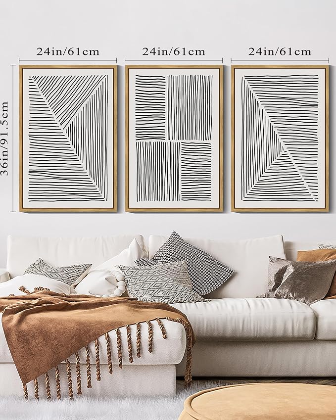 Drsoum Mid-Century Modern Framed Wall Art Large 24x36in Minimalist Abstract Boho Black Line Wall Decor Geometric Artwork Kitchen Dining Room Black Framed
