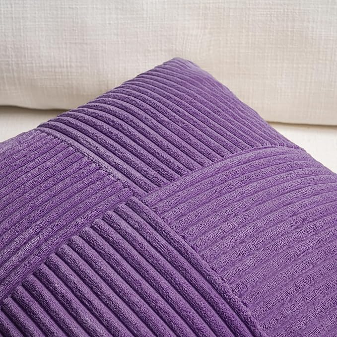 Fancy Homi Set of 2, Purple Patchwork Corduroy Decorative Soft Striped Modern Accent Cushion Case Farmhouse Boho Neutral Throw Pillow Covers for Chair Couch Bed Sofa Living Room 28x28 Inch