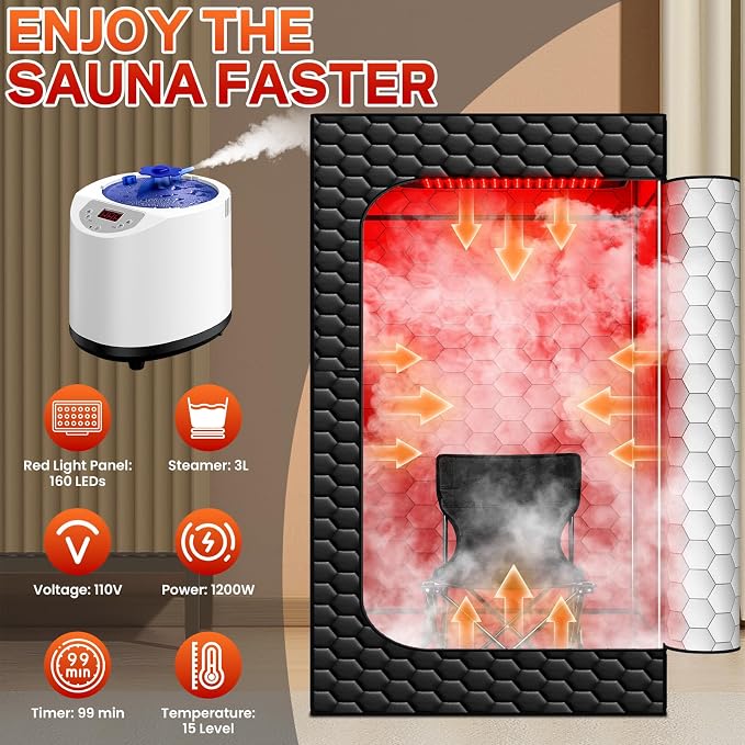 Portable Sauna for Home, Infrared Sauna, 160 LEDs 660nm and 850nm Large Red Light Sauna Box, Steam Saunas Tent with 3L Steamer, 15 Temp Levels & 99 Min Timer for Indoor Spa, Relaxation, Detoxification