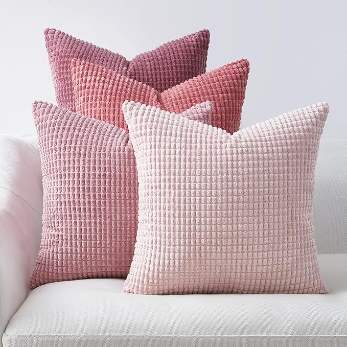 Topfinel 4 Packs Pink Decorative Throw Pillow Covers 24x24 Inch for Living Room Couch Bed Sofa, Boho Western Farmhouse Home Decor, Square Soft Moss Corduroy Fall Cushion Case 60x60 cm
