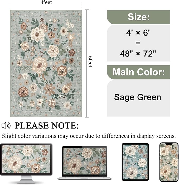 DUKINO 4x6 Area Rug, Floral Washable Office Chair Rug Non Slip, Sage Green | Low Pile, Stain Resistant, Soft Indoor Rug for Bedroom, Living Room, Dining Room, Kids Room, Pet Friendly, Modern Home Decor