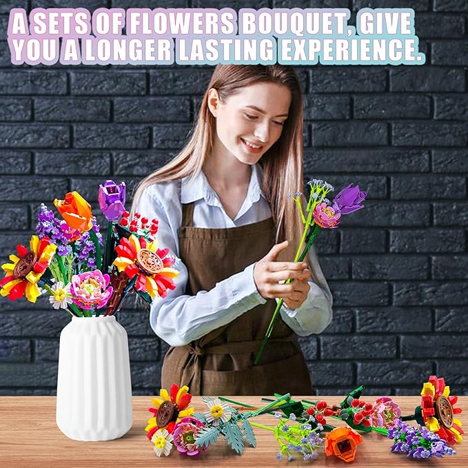 Flower Bouquet Building Set, 976 PCs Botanical Collection Kit with Sunflowers, Chamomile, Lavender, Lulips, DIY Unique Office Home Decor Gift for Christmas, Mother's Day & Valentine