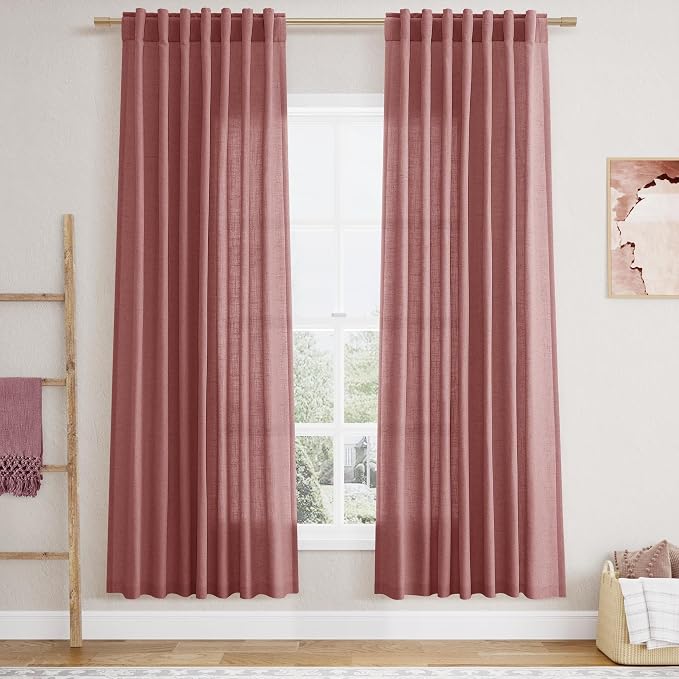 Canyon Rose Linen Curtains 72 Inch Length for Living Room Sheer Lightweight Door Drapes 2 Panels Set for Kids Bedroom Light Filtering Back Tab Rod Pocket Curtain for Kitchen Protect Privacy 52x72