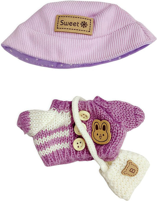 Designer Clothes Set for 17cm Dolls, Handcrafted Crochet 3-Piece Set, Doll Knit Outfit Accessories with Purple Sweater Tops, White Cross-Body Bag, and Bucket Hat, T-Purple