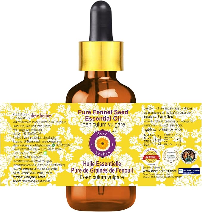 Deve Herbes Pure Fennel Seed Essential Oil (Foeniculum vulgare) with Glass Dropper Steam Distilled (Pack of Two) 100ml X 2 (6.76 oz)