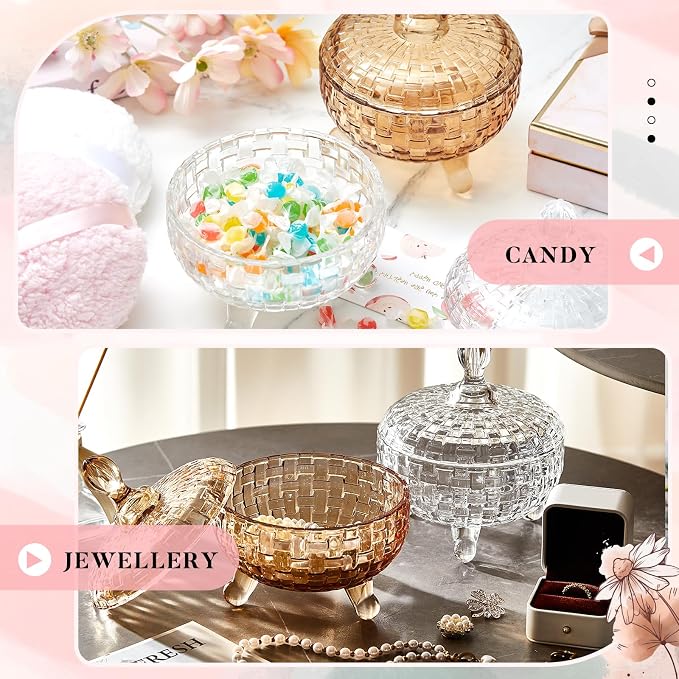 Tioncy 2 Set Extra Large Body Powder Puff and Container, 6'' Washable Vintage Decorative Crystal Powder & Container Gift for Bathroom Counter & Feminine Vanity Decor(Weave Design,Amber and Clear)